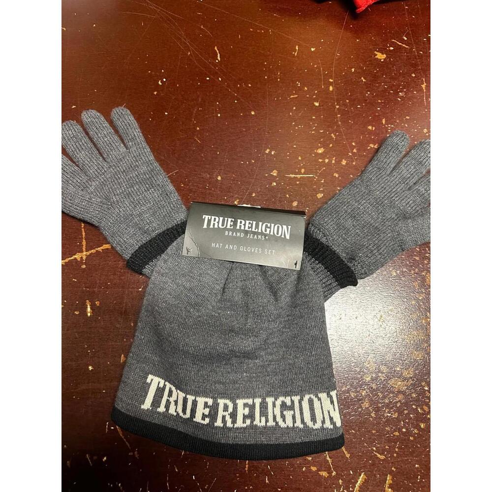 True Religion Unisex Adults Charcoal Heather Beanie Hat And Gloves Set One Size
